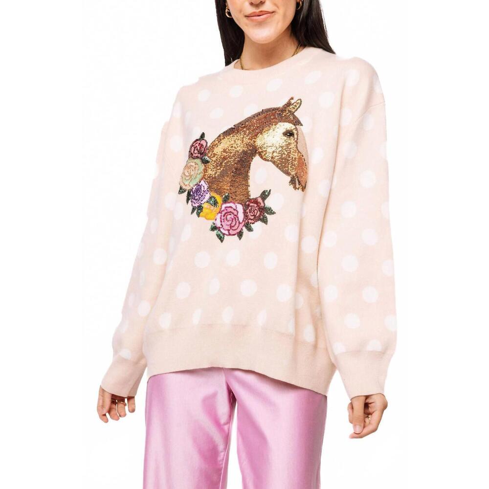 NEW QUEEN OF SPARKLES polka dot horse with rose wreath sweater in tan